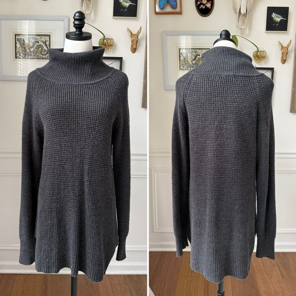 Cloth RD Style Tunic Length Waffle Weave Turtleneck Sweater Dark Grey M
